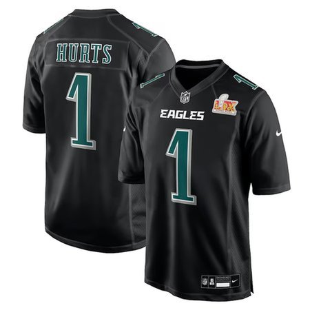 Men's Philadelphia Eagles #1 Jalen Hurts Carbon Black Super Bowl LIX Fashion Game Player Jersey